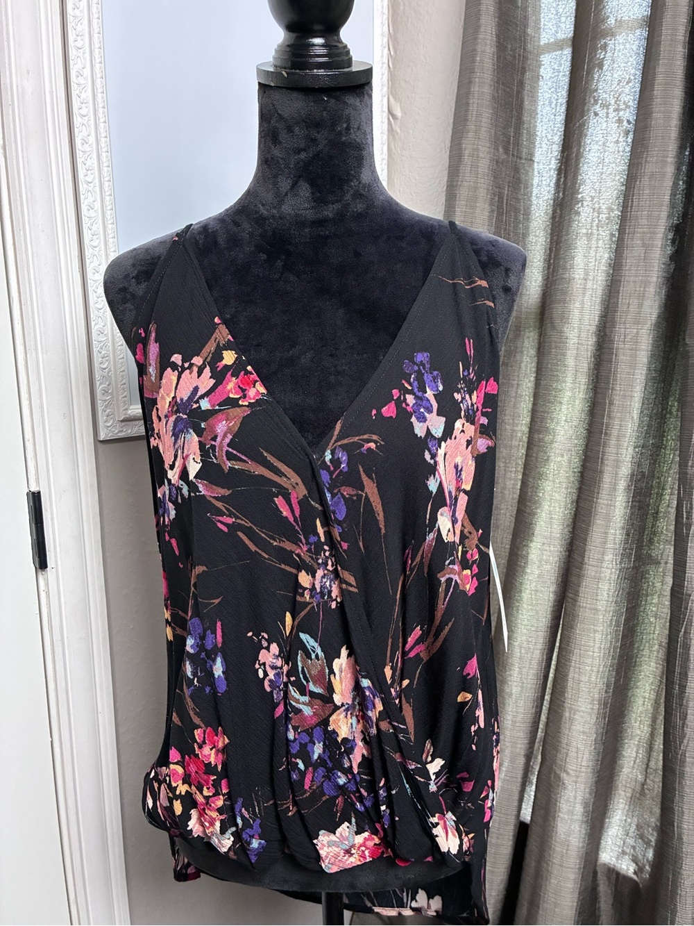 Pink Clover Black Floral Halter Tank with Pink and Purple Blooms